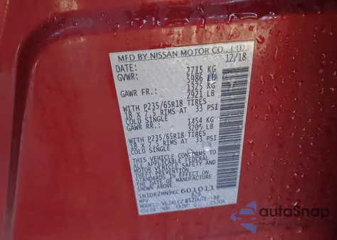 2019 Nissan Pathfinder Sv z USA, uszkodzony, nr VIN 5N1DR2MN9KC601011